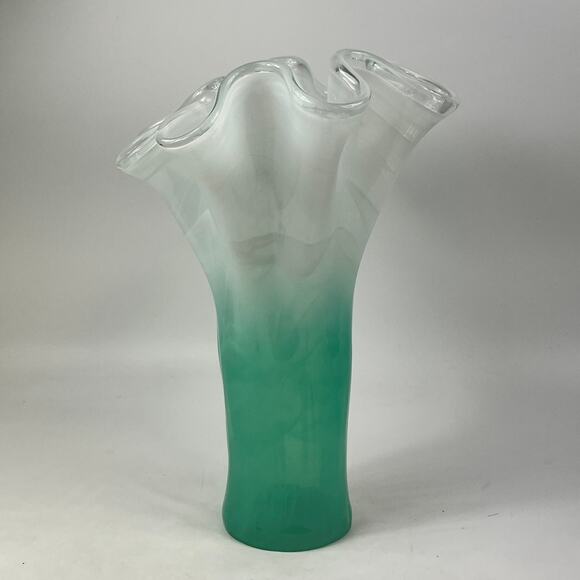 Murano Art Glass Vase Encased Green White Swirl Ruffled Rim 16" Italian Blown - Picture 3 of 16